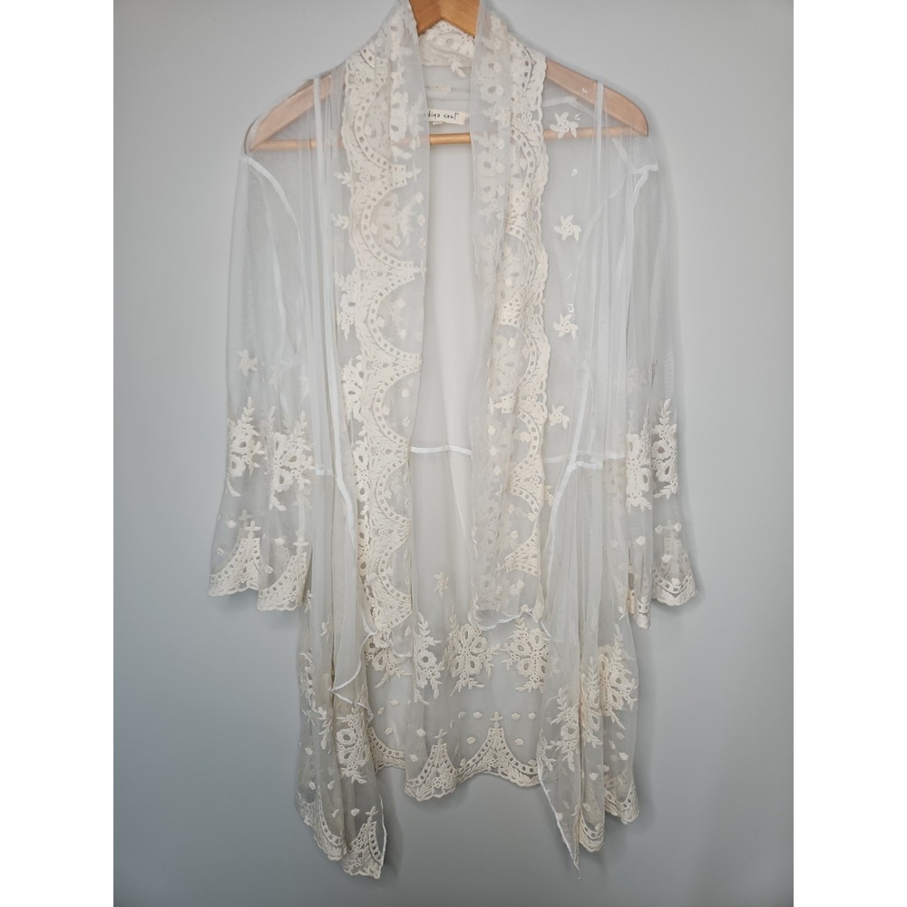 Indigo Soul Mesh Embroidered Crochet Cardigan L Ivory Boho Western Coverup Rodeo - Picture 3 of 14